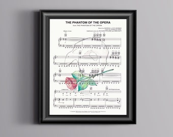 Puede incluir: Una partitura musical imprimible para la canción "All I Ask of You" del musical "El Fantasma de la Ópera". La partitura presenta una ilustración dibujada a mano de una rosa y una máscara de fantasma.