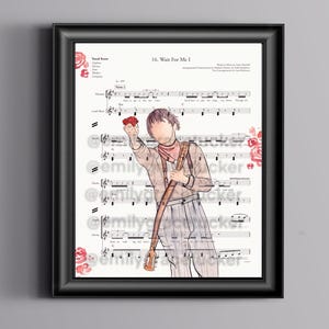 Puede incluir: Impresión enmarcada con partituras y una ilustración en acuarela de una persona sosteniendo una flor y una guitarra. El texto "16. Wait For Me I" es visible. Acentos de rosas rojas en las esquinas. El nombre del artista, "emily tucker" es visible.