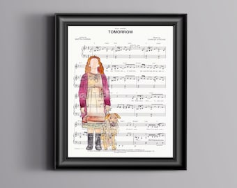 May include: A watercolour illustration of a girl and her dog standing in front of sheet music for the song "Tomorrow" from the musical "Annie". The girl is wearing a pink cardigan, a white dress, and brown boots. The dog is a light brown and white terrier mix.