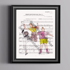 May include: Framed print featuring sheet music with cartoon illustrations of characters from SpongeBob SquarePants. The artwork includes the title "Bikini Bottom Day (Part 1)" and depicts three figures in colorful outfits.