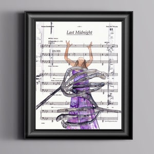 May include: A watercolor painting of a woman in a purple dress with her arms raised, superimposed on a sheet of music with the title "Last Midnight".