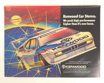 Vintage Kenwood Car Stereo Print Ad BMW Race Car Audio Retro Mancave Decor 1981