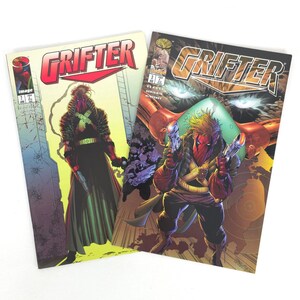May include: Two comic books featuring the title "Grifter." The covers showcase a character in a red mask and costume, holding weapons. The comic book covers have a dynamic, action-oriented style with bold colors and text.