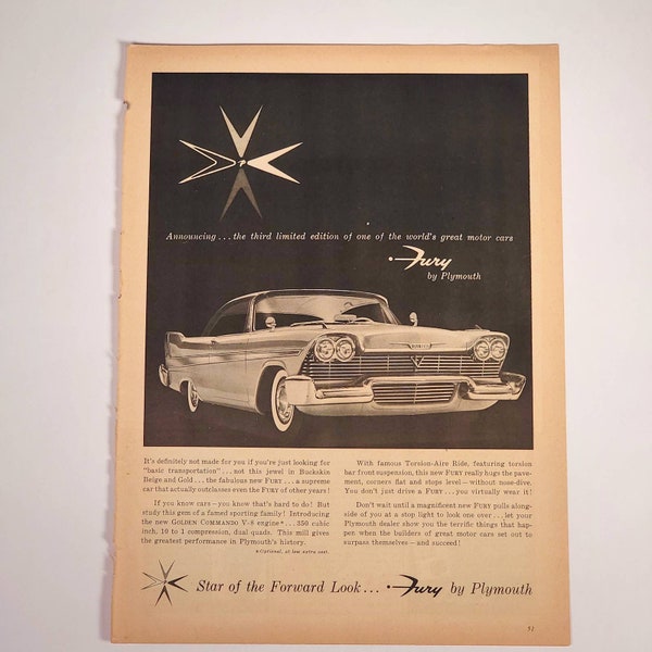 Plymouth Fury "Star of the Forward Look" Print Ad 1958 Sports Cars Illus. 8.5x11