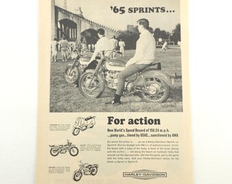 HARLEY-DAVIDSON Print Ad 1965 Sprint Motorcycles VTG Promo Art Upcycled Decor