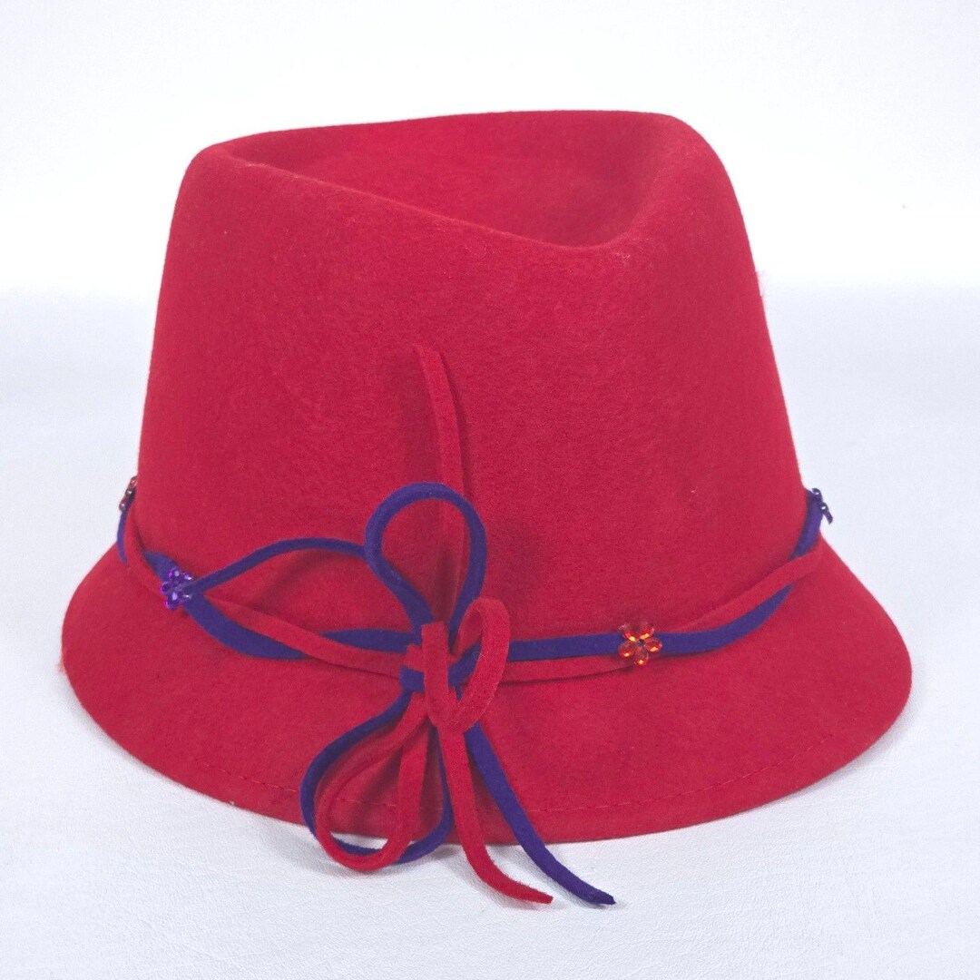 Something Special Cloche Fedora Wool Hat Red Purple Bow  display picture 2