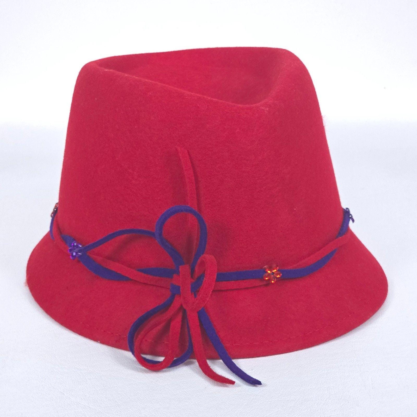 Something Special Cloche Fedora Wool Hat Red Purple Bow 