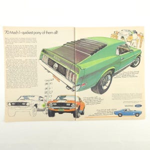 May include: Vintage magazine advertisement featuring a green 1970 Ford Mustang Mach 1. The ad includes illustrations of other Mustang models in orange, white, and blue. Text reads "70 Mach 1 - quickest pony of them all!"
