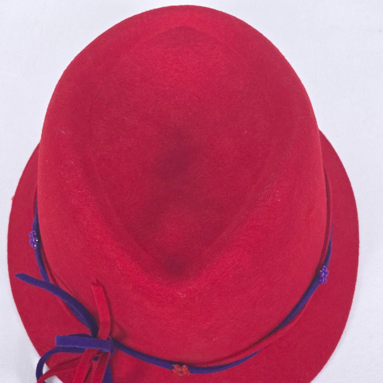 VTG SS (Something Special) Red 100% Wool Amethyst Purple Bow Cloche Hat Something Special Cloche Fedora Wool Hat Red Purple Bow  main image 4