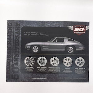 May include: An advertisement for American Racing wheels, featuring a silver classic car and various wheel designs. The text includes "50th Anniversary" and the tagline "It brings tears to your eyes. And you haven't even started it yet."