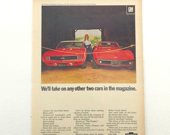 Vtg Chevrolet Camaro Corvette Advertising Print Ad 1969 RS SS Vette Promo Art GM