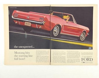 FORD Print Ad 1960s Mustang Convertible 2-Page Promo Art Upcycled Decor VTG