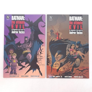 May include: Two comic books titled "BATMAN: the ultimate EVIL" by Andrew Vachss. The covers feature Batman in action, with a purple and black cover on the left and a brown and black cover on the right. The comic books are adaptations of the novel.