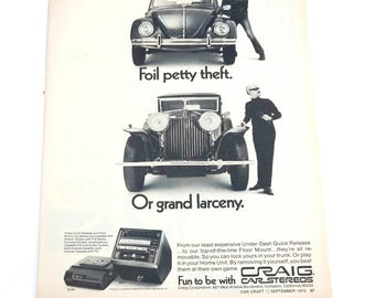 VTG Craig Car Stereos VW Beetle Rolls Royce B&W Print Ad 9/73 Car Craft Magazine