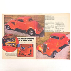 May include: An orange hot rod car with a three-window design, displayed on a magazine page. The car has black accents and chrome wheels. The text "ARIZONA COOLER" is visible, along with the phrase "This chest-high three-window is cool in more ways than one."