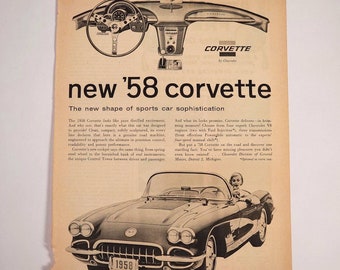 Vintage Chevrolet Corvette Convertible Print Ad 1958 Sports Cars Illustrated