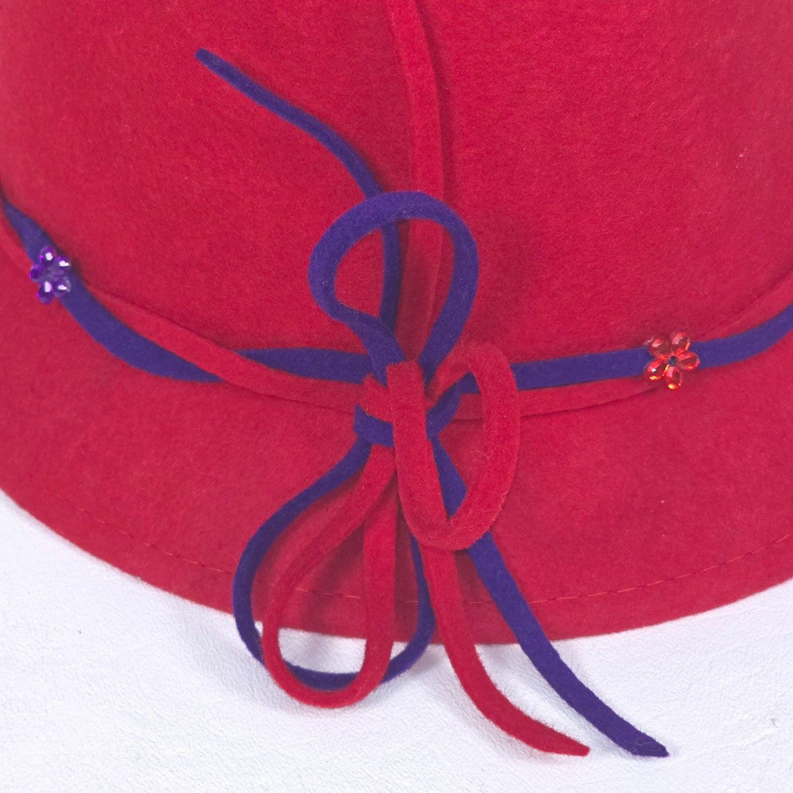 VTG SS (Something Special) Red 100% Wool Amethyst Purple Bow Cloche Hat Something Special Cloche Fedora Wool Hat Red Purple Bow  main image 3