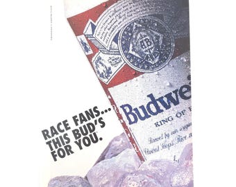 VTG Budweiser Beer Advertising Print Ad Race Fans Ice Cooler Garage Wall Art