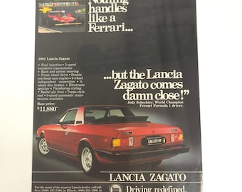 Vintage Lancia Zagato Print Ad Ferrari Formula 1 Promo Garage Wall Decor 1981