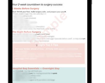 May include: A digital tablet shows a guide titled "Bariatric Surgery Prep - Quick Guide." The guide includes sections on pre-surgery preparation, such as a 2-week countdown, and tips for the hospital stay. The text is in black and white.