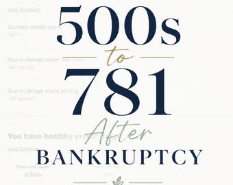 May include: A smartphone screen shows text detailing credit score improvement. The title reads "FROM THE 500s to 781 After BANKRUPTCY." The text details a real-life credit rebuilding journey, with a credit score increase.