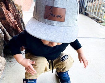 Custom Infant Toddler Kids Baby Snapback Hat | Child Cap | Personalised Name | Flat Bill | Vegan Leather Patch