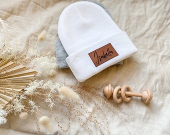 Baby/toddler personalised beanie | Leatherette vegan leather patch | Cursive font baby beanie