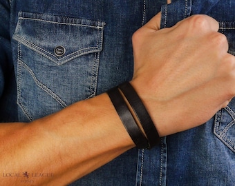 Men's Leather Bracelet ADJUSTABLE Wristband BLACK Surfer Boys Double Wrap Strap Buckle Birthday Holidays Weekend Gift for Men Boyfriend Dad