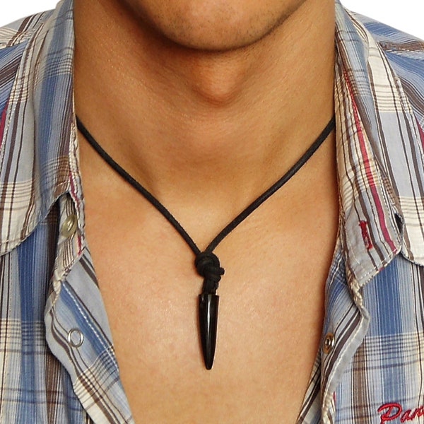 Mens Black Tusk Necklace Adjustable Leather Rope Hunter Style Tooth Claw Pendant (Imitation) Surfer Man Holidays Birthday Gift Boyfriend Men