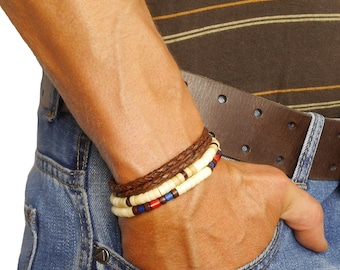 Conjunto de pulseras de cuentas para hombre: cordón de cuero, estilo surf hecho a mano - Surf Crew Hawaii