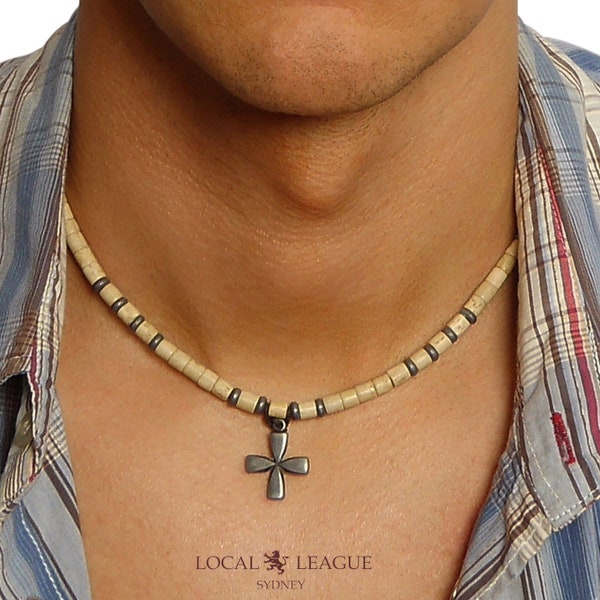 CROSS Metal Pendant & Mens Bead Necklace SURFER Style Choker Beads Holidays Party Weekend Man  Boys Birthday Boyfriend Gift Beaded String