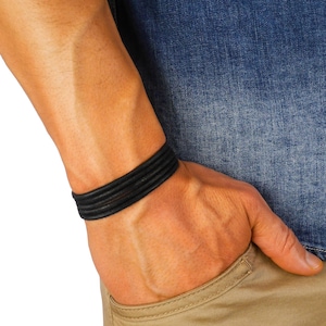 Bracciale in cordino di pelle nera - Braccialetto regolabile in stile surf - SURF PATROL AUSTRALIA