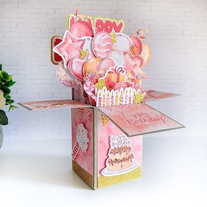 Carte d'anniversaire ballon en forme de boîte, carte d'anniversaire en or rose pour célébrer