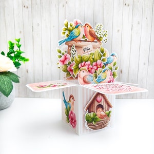 Carte boîte sur le thème floral oiseau, carte de remerciement pour toute occasion fête des mères