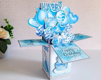 Balloon Birthday Box Card, Blue Themed Birthday Card