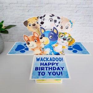Blue Dog Family Birthday Pop Up Box Card, Kids Birthday Card, Dog Family Card
