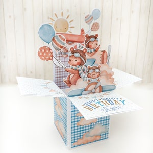 Carte boîte sur le thème ours avion, carte d'anniversaire d'enfant, carte de baby shower