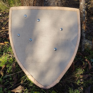 Peut inclure: Un bouclier de style médiéval avec une surface en tissu beige clair et un cadre en bois. Le bouclier a un sommet arrondi et un bas pointu. Six clous métalliques sont espacés uniformément sur le tissu. Le bouclier est exposé à l'extérieur près d'arbres et d'herbe.