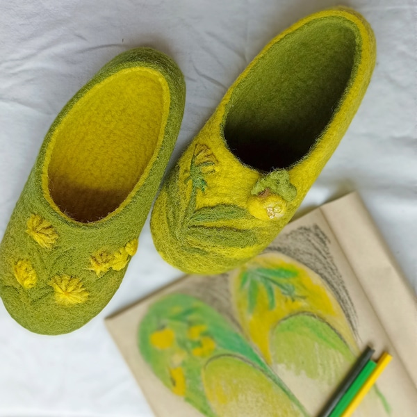 Cozy slippers for the family. Felt wool slippers with dandelions. Felt woolen slippers with a cute hedgehog. Slippers made of natural wool.