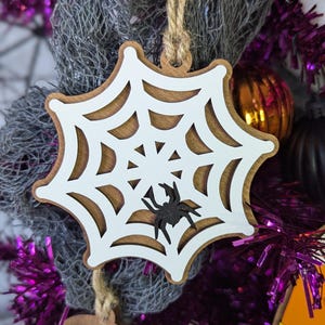 May include: A white wooden spiderweb ornament with a black spider silhouette hanging in the center. The ornament is decorated with a brown wood grain pattern.
