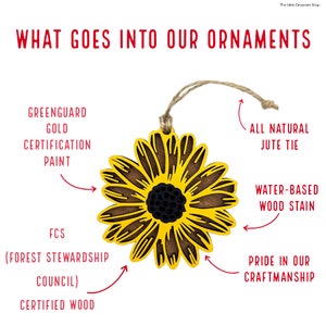 May include: A wooden sunflower ornament with a jute tie. The ornament is made with certified wood and water-based wood stain. The paint used is GreenGuard Gold certified. The text "WHAT GOES INTO OUR ORNAMENTS" is at the top of the image.