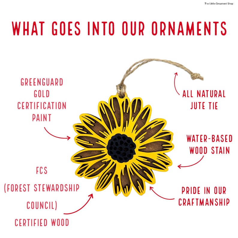 May include: A wooden sunflower ornament with a jute tie. The ornament is made with certified wood and water-based wood stain. The paint used is GreenGuard Gold certified. The text "WHAT GOES INTO OUR ORNAMENTS" is at the top of the image.
