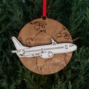 Jet Airplane over World Christmas Ornament, Travel and vacation ornaments