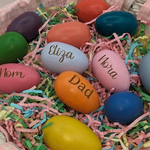 Personalized Wooden Engraved Easter Eggs in 12 colors, Print or script fonts choice of Easter Bunny, Chick, Flowers for kids or grandkids