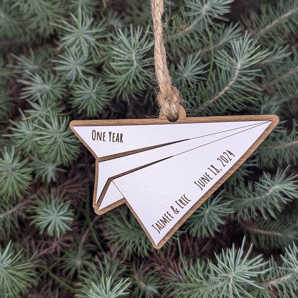 Paper Airplane Christmas Ornament, 1st Wedding Anniversary, Gift for husband, Gift for wife- Personalized Custom Wood Ornament Gift
