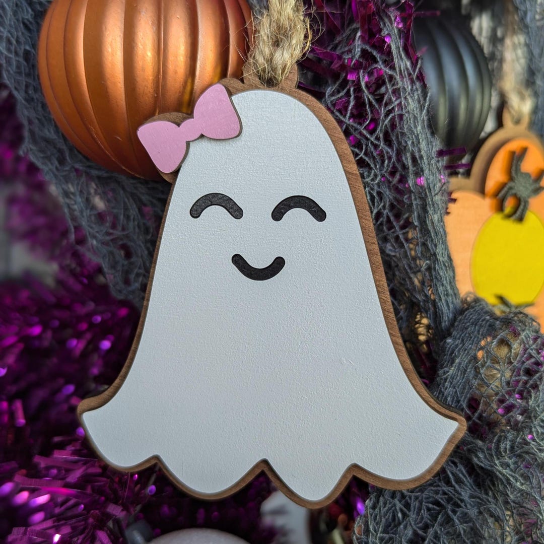 Ghost With Pink Bow Halloween Ornament, Wooden Cute Spooky Ghost ...