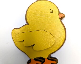 Baby Chick Easter basket tag, Wooden yellow chick, Personalize the wing with name and year