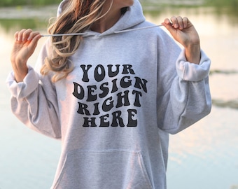 Ash Hoodie Mockup Ash Mockup Gildan 18500 Mockup Ash Hoodie Mock Gildan Model Sunset Beach Water River Lake Oversized Lifestyle Gildan Ash