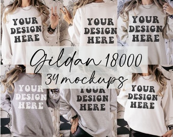 Gildan 18000 Mockup Bundle Boho Mockup Gildan White Sweatshirt Mock Up Sand Crewneck Model Oversized Boho Ash Sport Grey Sweater Front Back