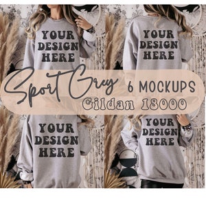 Sport Grey Boho Mockup Bundle Gildan 18000 Mockup Gildan White Sweatshirt Sand Crewneck Model Oversized Boho Sport Grey Sweater Front Back
